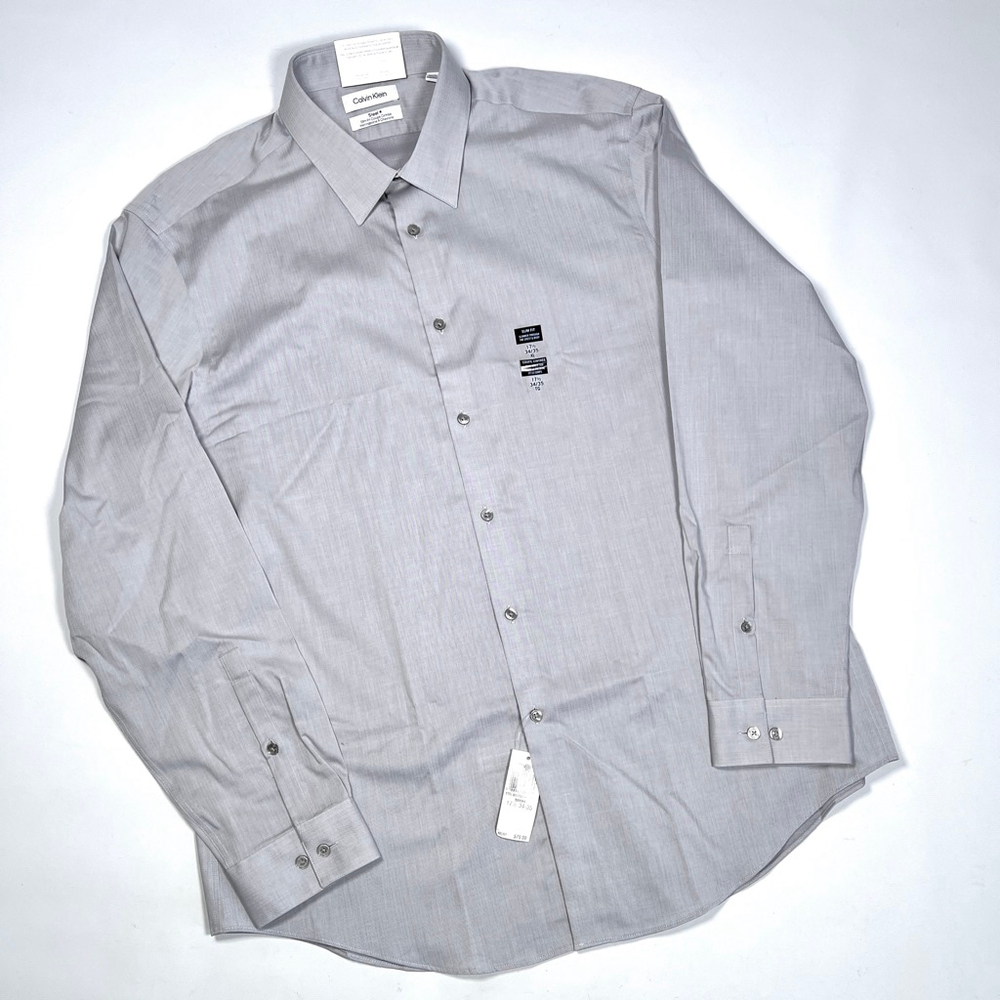 NWT Calvin Klein Gray Slim Fit Herringbone Dress Shirt Neck 17.5